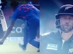 Screengrab of Hardik Pandya's breathtaking caught and bowled dismissal of New Zealand's Devon Conway(Twitter) Screengrab of Hardik Pandya's breathtaking caught and bowled dismissal of New Zealand's Devon Conway(Twitter)