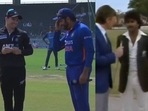 India skipper Rohit Sharma at the toss; Ex-Pakistan captain Javed Miandad at the toss India skipper Rohit Sharma at the toss; Ex-Pakistan captain Javed Miandad at the toss