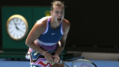Aryna Sabalenka of Belarus reacts during her third round match against Elise Mertens of Belgium at the Australian Open tennis championship in Melbourne, Australia, Saturday, Jan. 21, 2023. (AP) Aryna Sabalenka of Belarus reacts during her third round match against Elise Mertens of Belgium at the Australian Open tennis championship in Melbourne, Australia, Saturday, Jan. 21, 2023. (AP)
