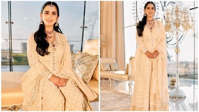 Isha Ambani opted for a regal look for the engagement ceremony of Anant Ambani and Radhika Merchant. For the grand celebration, she donned an ivory anarkali paired with statement jewellery. (Instagram/@stylebyami) Isha Ambani opted for a regal look for the engagement ceremony of Anant Ambani and Radhika Merchant. For the grand celebration, she donned an ivory anarkali paired with statement jewellery. (Instagram/@stylebyami)