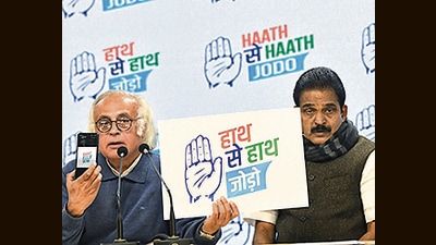 Congress leaders Jairam Ramesh and KC Venugopal address a press conference on a campaign launch 'Hath Se Hath Jodo', at party headquarters, 24 Akbar Road, in New Delhi on Saturday. (Shrikant Singh) Congress leaders Jairam Ramesh and KC Venugopal address a press conference on a campaign launch 'Hath Se Hath Jodo', at party headquarters, 24 Akbar Road, in New Delhi on Saturday. (Shrikant Singh)