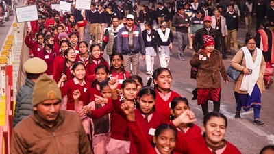 The students were seen holding colourful flags and placards carrying messages of world peace and unity.&nbsp; (PTI)