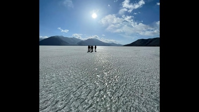 Pangong Tso sits 4,350 metres above sea level. Air pressure is so low, it will take a week for even experienced runners to acclimatise. (Photo courtesy ASFL) Pangong Tso sits 4,350 metres above sea level. Air pressure is so low, it will take a week for even experienced runners to acclimatise. (Photo courtesy ASFL)