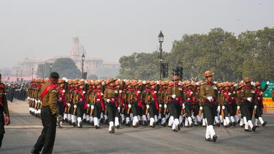 Rehearsals for the Republic Day Parade at Kartavya Path in New Delhi on Saturday. (PTI) Rehearsals for the Republic Day Parade at Kartavya Path in New Delhi on Saturday. (PTI)
