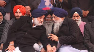 Shiromani Akali Dal president Sukhbir Singh Badal (left) interacting with SAD MP Prem Singh Chandumajra during a party rally in Muktsar on January 14. (Sanjeev Kumar/HT) Shiromani Akali Dal president Sukhbir Singh Badal (left) interacting with SAD MP Prem Singh Chandumajra during a party rally in Muktsar on January 14. (Sanjeev Kumar/HT)