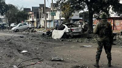 Soon after the blasts in Jammu city’s Narwal area, police officials rushed to the spot and cordoned off the area. (Photo by Waseem Andrabi/ Hindustan Times) Soon after the blasts in Jammu city’s Narwal area, police officials rushed to the spot and cordoned off the area. (Photo by Waseem Andrabi/ Hindustan Times)
