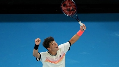 Ben Shelton of the U.S. celebrates winning his third round match against Australia's Alexei Popyrin. (REUTERS)