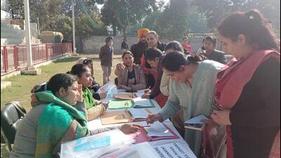 Teachers registering for the workshop on UDISE+ at Guru Nanak International Public School, Sarabha Nagar, Ludhiana. (HT PHOTO)