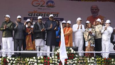 Uttar Pradesh chief minister Yogi Adityanath at the launch of the G20 Walkathon in Lucknow on Saturday. (Deepak Gupta/HT Photo)