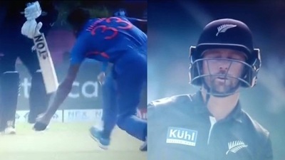 Screengrab of Hardik Pandya's breathtaking caught and bowled dismissal of New Zealand's Devon Conway (Twitter)