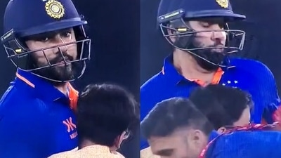Rohit Sharma gets nearly knocked down by a security gaurd. Rohit Sharma gets nearly knocked down by a security gaurd.