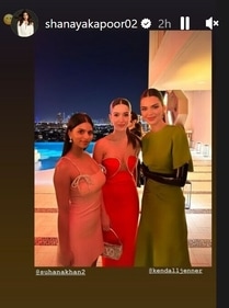 Suhana Khan, Shanaya Kapoor and Kendall Jenner at Dubai bash. Suhana Khan, Shanaya Kapoor and Kendall Jenner at Dubai bash.