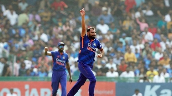 Shami celebrates the dismissal of New Zealand's Finn Allen during the 2nd ODI(BCCI Twitter)