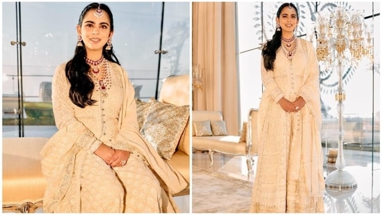 Isha Ambani opted for a regal look for the engagement ceremony of Anant Ambani and Radhika Merchant. For the grand celebration, she donned an ivory anarkali paired with statement jewellery.&nbsp;(Instagram/@stylebyami)