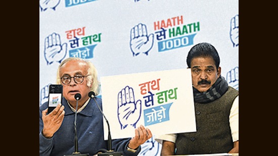 Congress leaders Jairam Ramesh and KC Venugopal address a press conference on a campaign launch 'Hath Se Hath Jodo', at party headquarters, 24 Akbar Road, in New Delhi on Saturday. (Shrikant Singh)