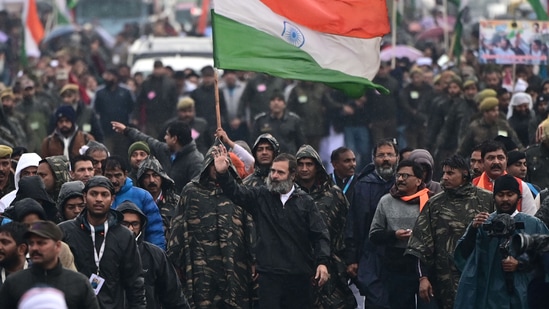 IN LAST LEG: Congress leader Rahul Gandhi during Bharat Jodo Yatra in Kathua. (Waseem Andrabi/HT)(HT_PRINT)