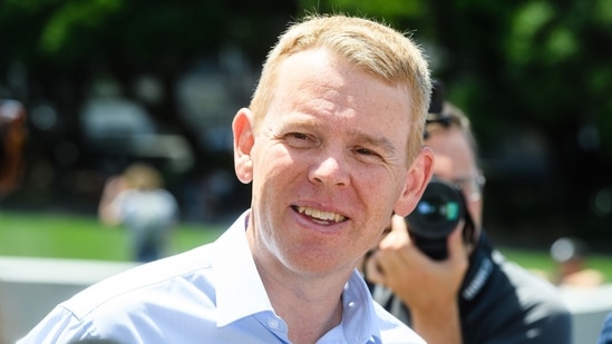Chris Hipkins, New Zealand's incoming prime minister, during a news conference outside Parliament in Wellington, New Zealand, on Saturday.(Bloomberg)
