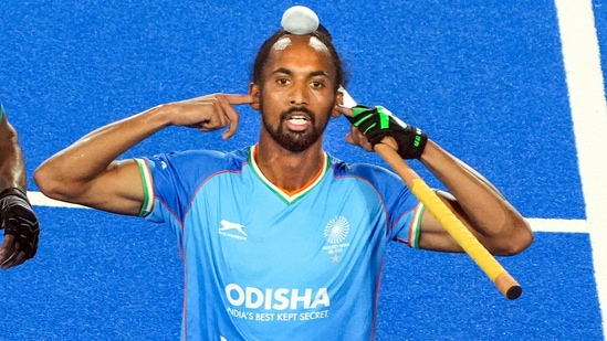 Hardik Singh (8) of India reacts after scoring a goal against Spain during a match of FIH Odisha Hockey Men's World Cup 2023, in Rourkela, Odisha.(PTI)