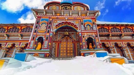 Badrinath Temple in the backdrop of snow-covered mountains in Uttarakhand. (PTI Photo)