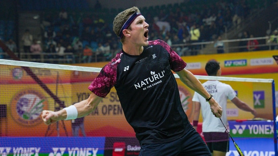 Danish badminton player Viktor Axelsen reacts during the men's singles semi-finals badminton match against Indonesian player Jonatan Christie, at the India Open 2023, in New Delhi, Saturday, Jan. 21, 2023. (PTI Photo/Shahbaz Khan)(PTI01_21_2023_000322B)(PTI)