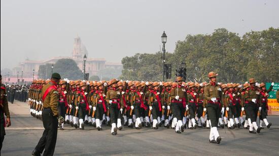 Rehearsals for the Republic Day Parade at Kartavya Path in New Delhi on Saturday. (PTI)