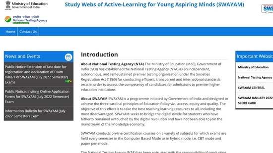 Swayam July 2022 semester exams registration to end tomorrow at swayam.nta.ac.in