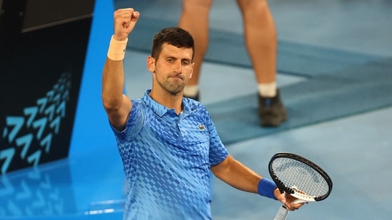 Novak Djokovic celebrates winning his third round match against Grigor Dimitrov.(REUTERS)
