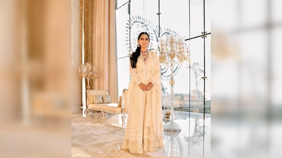 Isha Ambani's dreamy anarkali set is from the collection of the designer label Abu Jani Sandeep Khosla. (Instagram/@stylebyami)