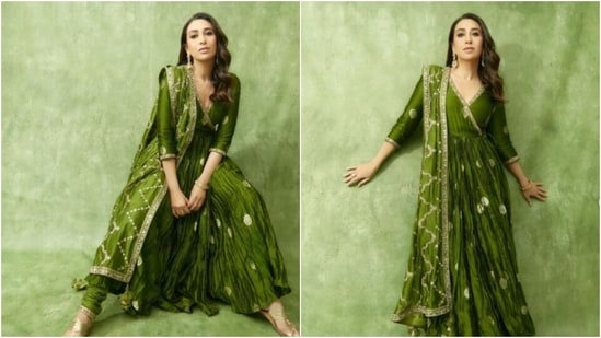 Karishma Kapoor Green And Cream Embroidery Work Replica Saree. Buy Online  Shopping Embroidery Work Saree In Guyana.