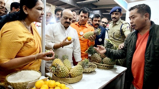 Bengaluru, Jan 20 (ANI): Karnataka Chief Minister Basavaraj Bommai visits the stall during the inauguration of "The International Cereal and Organic Mela-2023", in Bengaluru on Friday. Union Minister of State for Agriculture and Farmers Welfare Shobha Karandlaje was also seen. (ANI Photo) (Arunkumar rao)