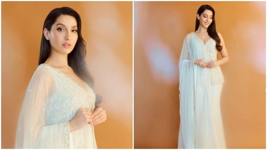 Nora Fatehi earlier dropped jaws in her dreamy avatar donning an ivory and gold geometric sleeveless kurta sharara set.(Instagram/@norafatehi)