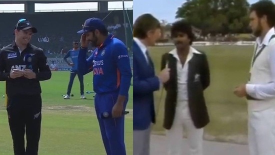 India skipper Rohit Sharma at the toss; Ex-Pakistan captain Javed Miandad at the toss(Twitter)