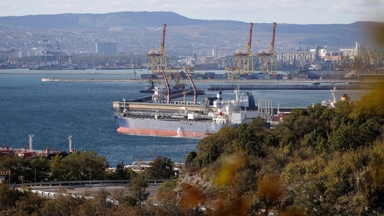 An oil tanker is moored at the Sheskharis complex, part of Chernomortransneft JSC, a subsidiary of Transneft PJSC, in Novorossiysk, Russia. (AP Photo, File)