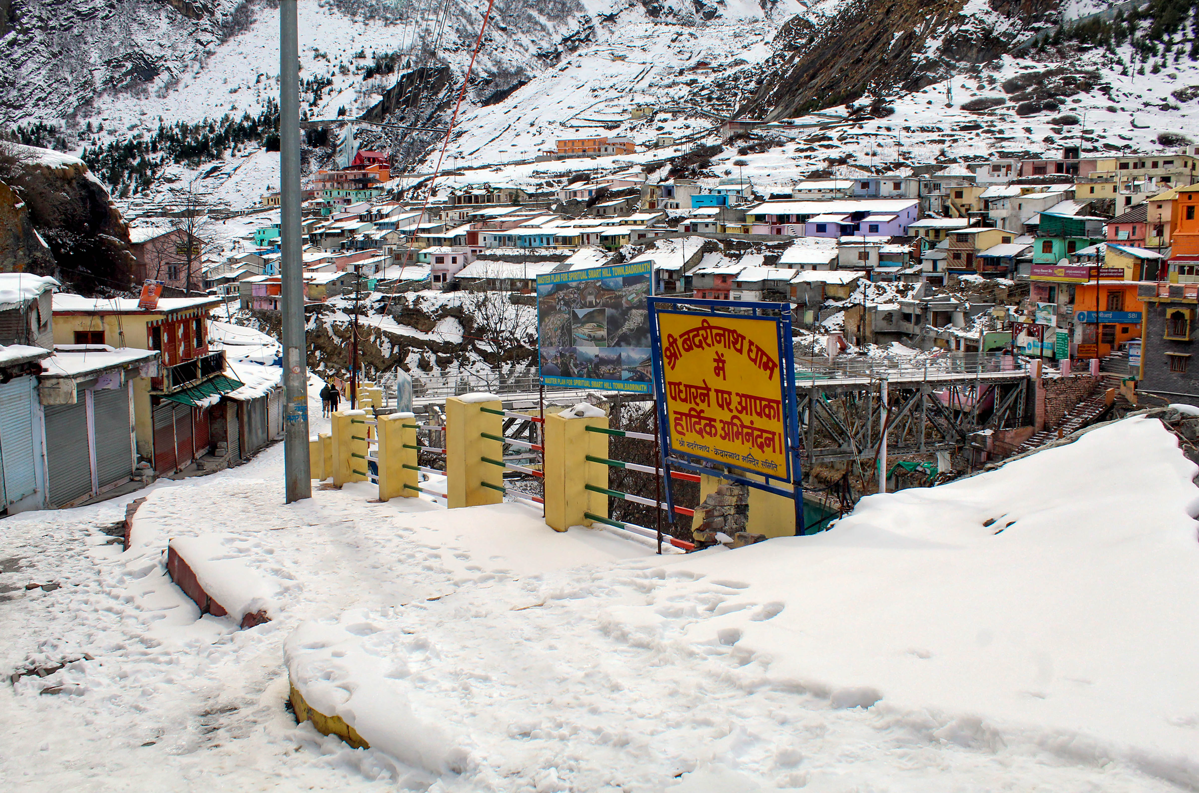 Badrinath town covered in snow. (PTI Photo)