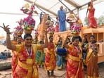 Artists seen with Tamil Nadu tableau during the Press preview of Tableaux, for the upcoming Republic Day Parade 2023, in New Delhi. 