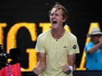 Sebastian Korda of the U.S. celebrates after defeating Hubert Hurkacz of Poland during their fourth round match at the Australian Open tennis championship in Melbourne.(AP) Sebastian Korda of the U.S. celebrates after defeating Hubert Hurkacz of Poland during their fourth round match at the Australian Open tennis championship in Melbourne.(AP)