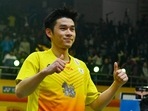 Kunlavut Vitidsarn gestures after winning against Denmark's Viktor Axelsen during their men's singles final match of the India Open 2023 in New Delhi on January 22, 2023.(AFP) Kunlavut Vitidsarn gestures after winning against Denmark's Viktor Axelsen during their men's singles final match of the India Open 2023 in New Delhi on January 22, 2023.(AFP)