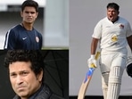 Arjun Tendulkar (top left); Sachin Tendulkar (bottom left); Sarfaraz Khan (right) Arjun Tendulkar (top left); Sachin Tendulkar (bottom left); Sarfaraz Khan (right)