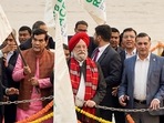 Union Petroleum Minister Hardeep Singh Puri with Uttar Pradesh Minister AK Sharma flag off the CNG Boat Race, at Varanasi Namo Ghat.(PTI) Union Petroleum Minister Hardeep Singh Puri with Uttar Pradesh Minister AK Sharma flag off the CNG Boat Race, at Varanasi Namo Ghat.(PTI)