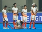 Indian players react after losing against New Zealand in the 2023 FIH Hockey World Cup match in Bhubaneswar(PTI) Indian players react after losing against New Zealand in the 2023 FIH Hockey World Cup match in Bhubaneswar(PTI)