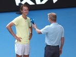 Sebastian Korda of the US during the post match interview after winning his fourth round match against Hubert Hurkacz