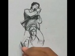 The image shows the artist drawing a scene from Sholay featuring Dharmendra and Amitabh Bachchan.