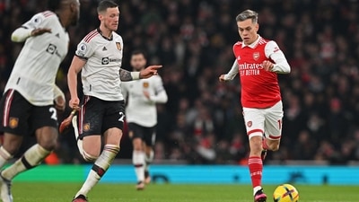 Leandro Trossard (R) runs with the ball during the English Premier League football match between Arsenal and Manchester United (AFP) Leandro Trossard (R) runs with the ball during the English Premier League football match between Arsenal and Manchester United (AFP)