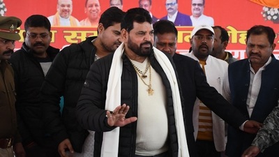 Wrestling Federation of India (WFI) president Brij Bhushan Sharan Singh (C) arrives to address a press conference in Gonda on January 20, 2023. (AFP) Wrestling Federation of India (WFI) president Brij Bhushan Sharan Singh (C) arrives to address a press conference in Gonda on January 20, 2023. (AFP)