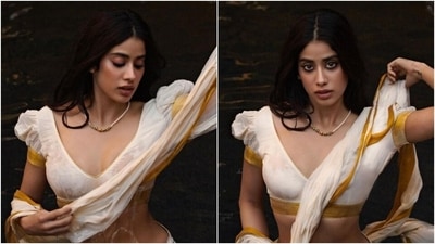 Janhvi Kapoor turns into an apsara in white-gold saree for viral photoshoot. (Instagram) Janhvi Kapoor turns into an apsara in white-gold saree for viral photoshoot. (Instagram)