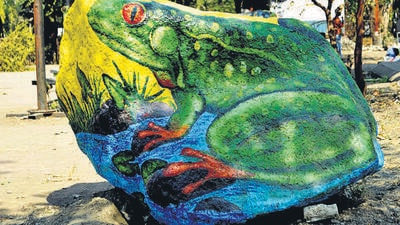 Kalyan India - january 22 2023 Pics: Huge rocks painted with animals at Kalyan's Adharwadi lakeside, as a part of cleanliness of the lake from garbage taken up by the residents since last seven years.. on Sunday. in India 22 2023 (Photo by Pramod Tambe HT). Kalyan India - january 22 2023 Pics: Huge rocks painted with animals at Kalyan's Adharwadi lakeside, as a part of cleanliness of the lake from garbage taken up by the residents since last seven years.. on Sunday. in India 22 2023 (Photo by Pramod Tambe HT).