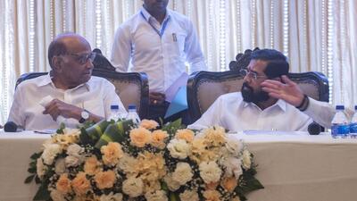 Mumbai, India - October 19, 2022: CM Eknath Shinde, Dy. CM Devendra Fadnavis, NCP chief Sharad Pawar and BJP leader Ashish Shelar during a gathering on the eve of the Mumbai Cricket Association (MCA) polls at Wankhede Stadium, in Mumbai, India, on Wednesday, October 19, 2022. (Photo by Satish Bate/ Hindustan Times) (Satish Bate/HT PHOTO) Mumbai, India - October 19, 2022: CM Eknath Shinde, Dy. CM Devendra Fadnavis, NCP chief Sharad Pawar and BJP leader Ashish Shelar during a gathering on the eve of the Mumbai Cricket Association (MCA) polls at Wankhede Stadium, in Mumbai, India, on Wednesday, October 19, 2022. (Photo by Satish Bate/ Hindustan Times) (Satish Bate/HT PHOTO)