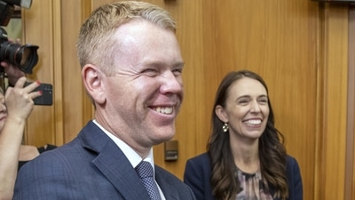 New Zealand Prime Minister Jacinda Ardern, right, and new Labour Party leader Chris Hipkins arrive for their caucus vote at Parliament in Wellington, Sunday. (AP) New Zealand Prime Minister Jacinda Ardern, right, and new Labour Party leader Chris Hipkins arrive for their caucus vote at Parliament in Wellington, Sunday. (AP)
