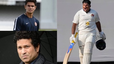Arjun Tendulkar (top left); Sachin Tendulkar (bottom left); Sarfaraz Khan (right) Arjun Tendulkar (top left); Sachin Tendulkar (bottom left); Sarfaraz Khan (right)