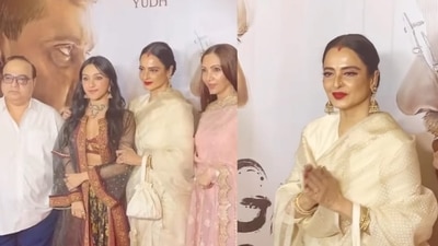 Rekha at the special screening of Gandhi Godse: Ek Yudh. Rekha at the special screening of Gandhi Godse: Ek Yudh.